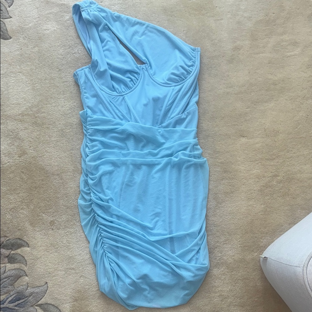 Fashion Nova Sky Blue One-Shoulder Ruched Dress